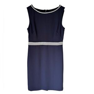 Ann Taylor Navy Blue Embroidered Classic Retro Knee Length Shift Dress Size 0